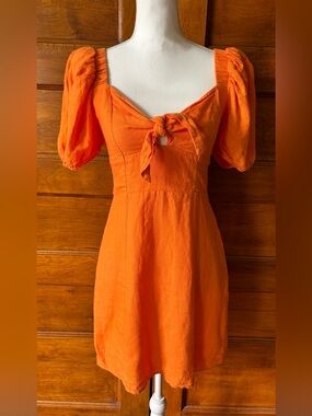 Orange Linen Tie-Front Puff Sleeve Dress